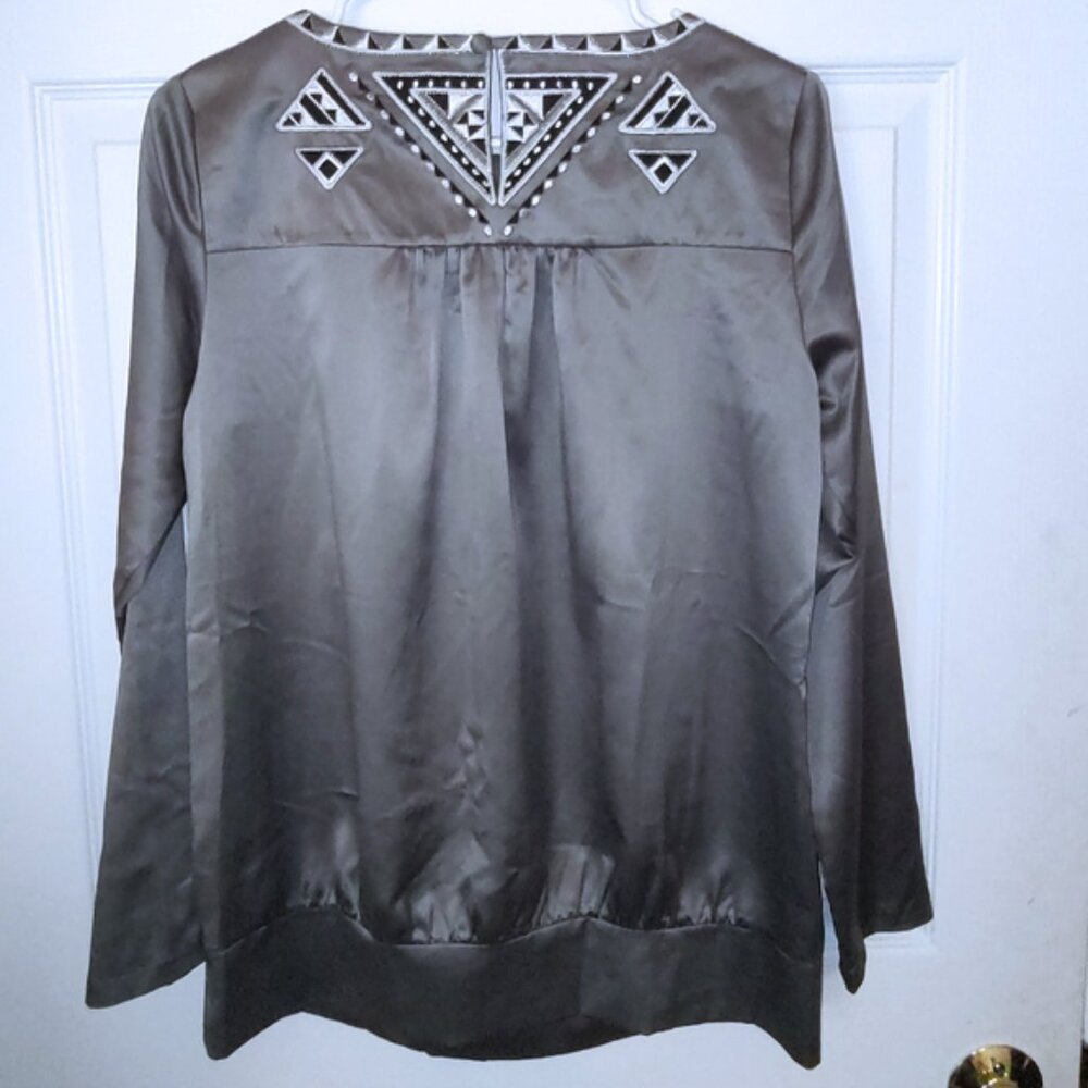 Bob Mackie Gray Satin Blouse with Embroidered Yoke - Picture 5 of 6